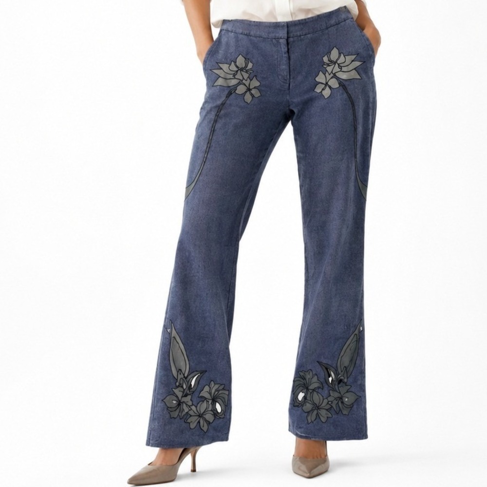 Vintage Y2K Express Stretch Jeans Womens 7/8 Blue Leather Floral Applique Cutout